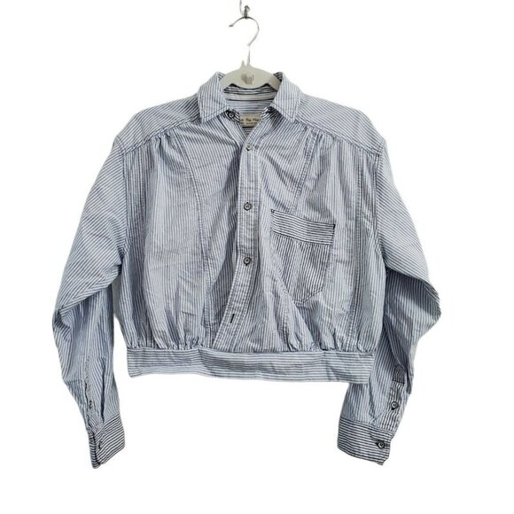 We The Free People Blouse Small Striped Blue Button‎ Front Collared Long Sleeve - Picture 13 of 16